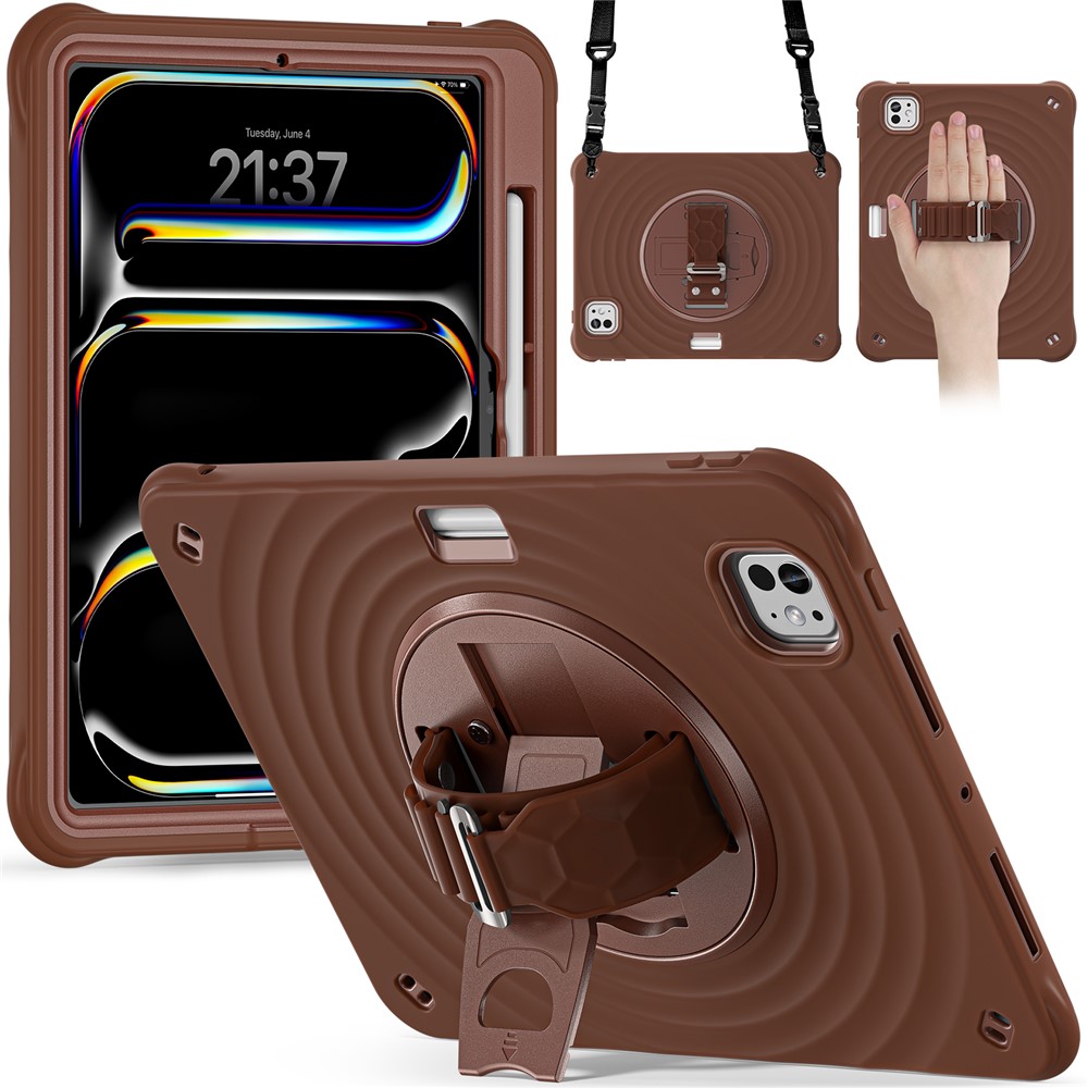 For iPad Pro 11 (2025) / 11 (2024) Case Kickstand Silicone Hand Strap Tablet Cover with Shoulder Strap - Chocolate Color