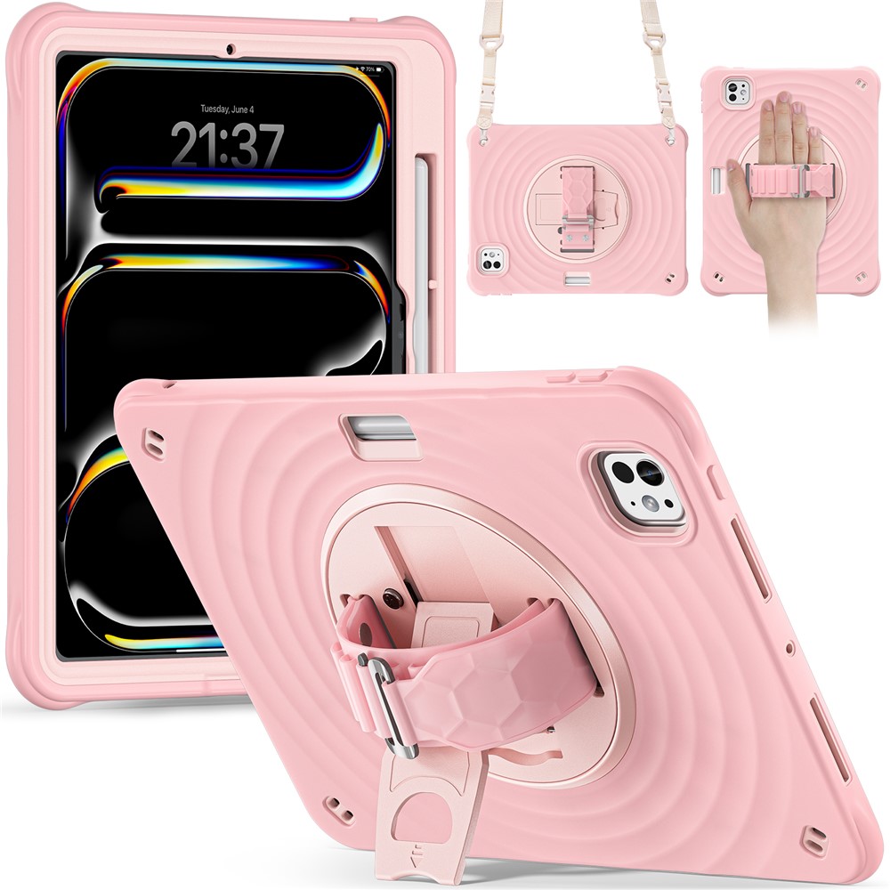 For iPad Pro 11 (2025) / 11 (2024) Case Kickstand Silicone Hand Strap Tablet Cover with Shoulder Strap - Pink