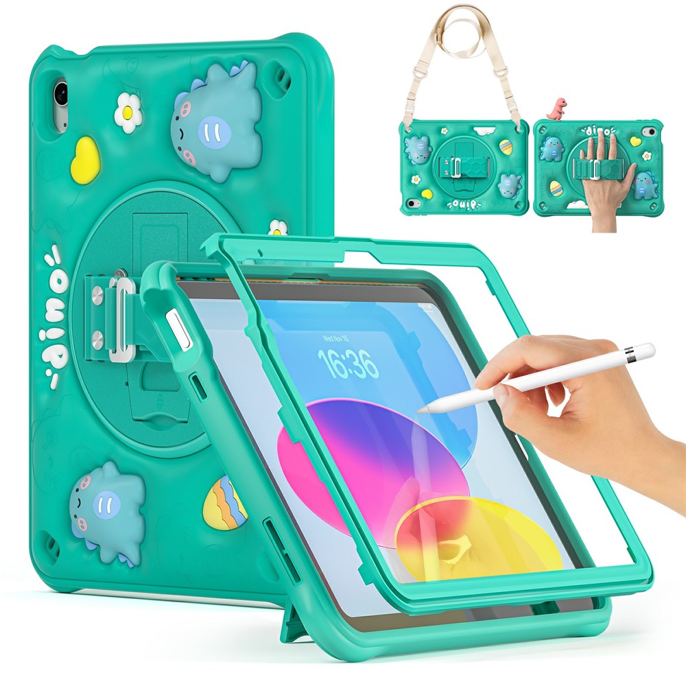 For iPad (2025) / 10.9 (2022) Case with Shoulder Strap Cartoon Dinosaur Kickstand PC+Silicone+TPU Cover