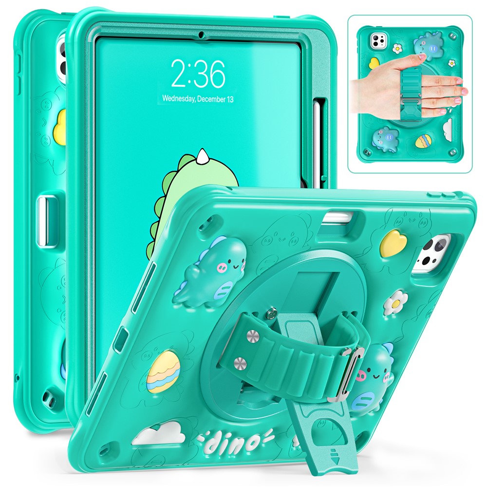 For iPad Pro 11 (2025) / 11 (2024) Case Cartoon Dinosaur Hand Strap Kickstand PC+Silicone+TPU Cover