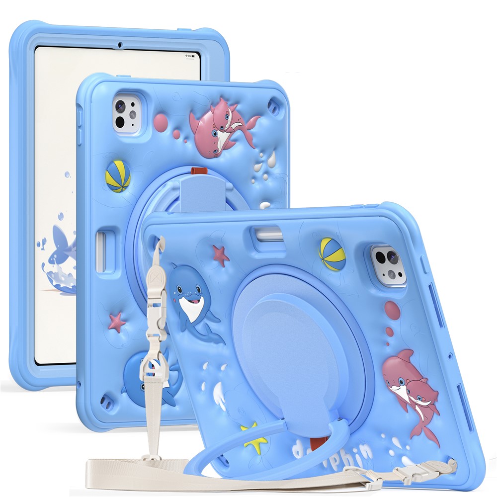 For iPad Pro 11 (2025) / 11 (2024) Case with Shoulder Strap Cute Dolphin PC+Silicone+TPU Kickstand Tablet Cover