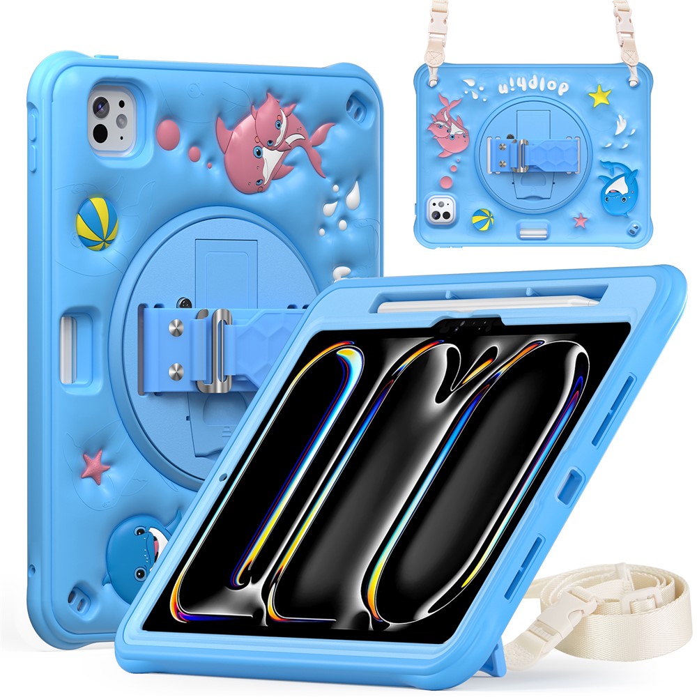 For iPad Pro 11 (2025) / 11 (2024) Case with Shoulder Strap Kickstand PC+Silicone+TPU Cute Dolphin Cover