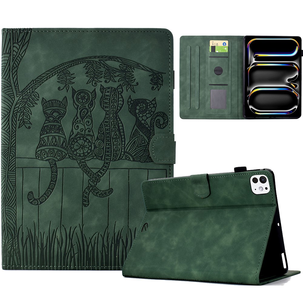 For iPad Pro 11 (2024) Case Cats Imprinted PU Leather Card Slots Tablet Cover - Green