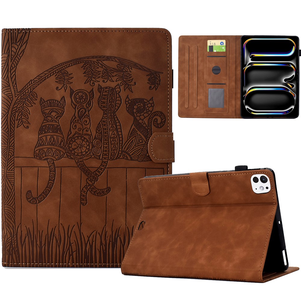 For iPad Pro 11 (2024) Case Cats Imprinted PU Leather Card Slots Tablet Cover - Brown