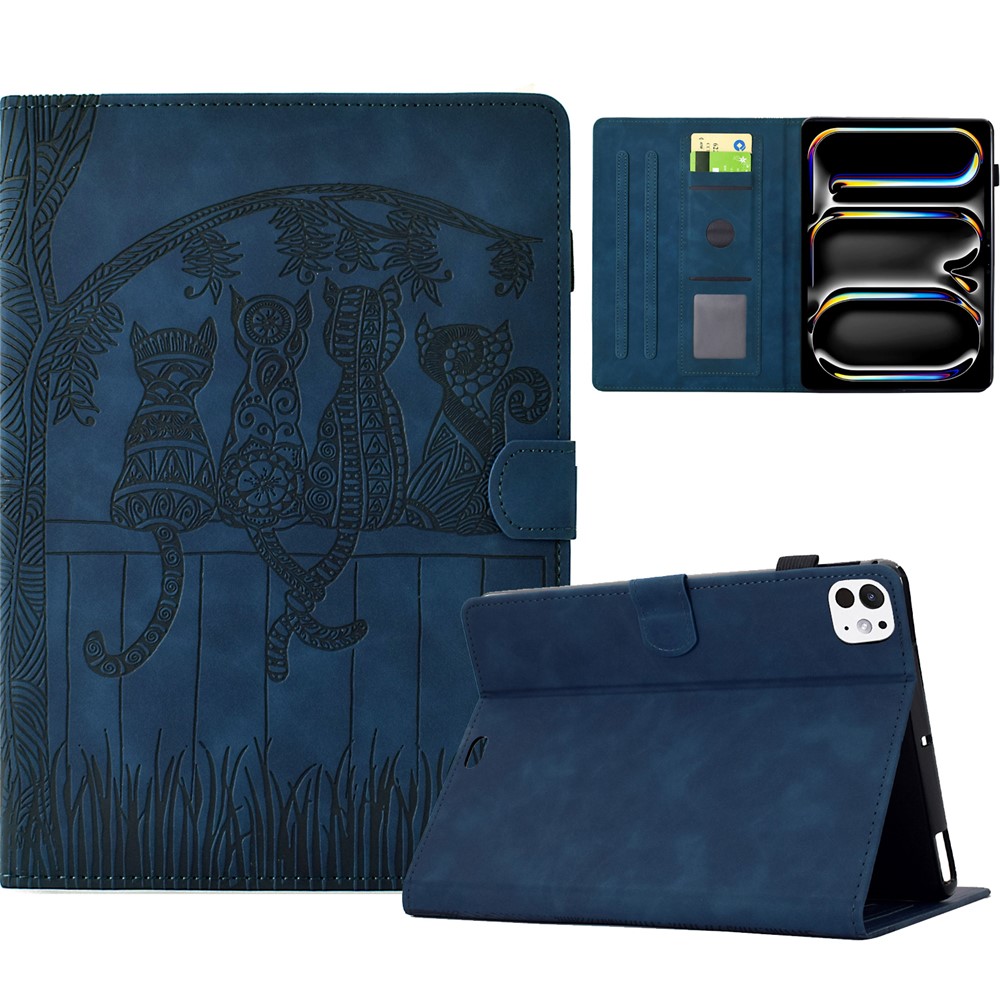 For iPad Pro 11 (2024) Case Cats Imprinted PU Leather Card Slots Tablet Cover - Dark Blue