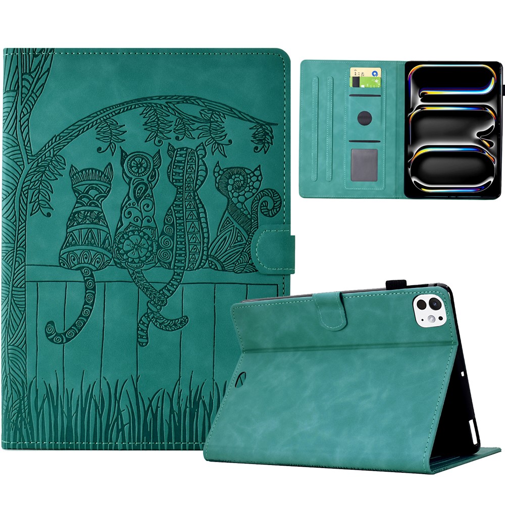 For iPad Pro 11 (2024) Case Cats Imprinted PU Leather Card Slots Tablet Cover - Baby Blue