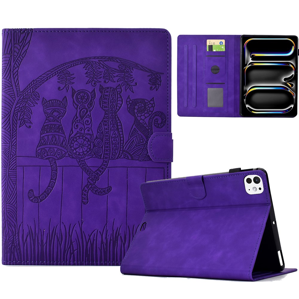 For iPad Pro 11 (2024) Case Cats Imprinted PU Leather Card Slots Tablet Cover - Purple