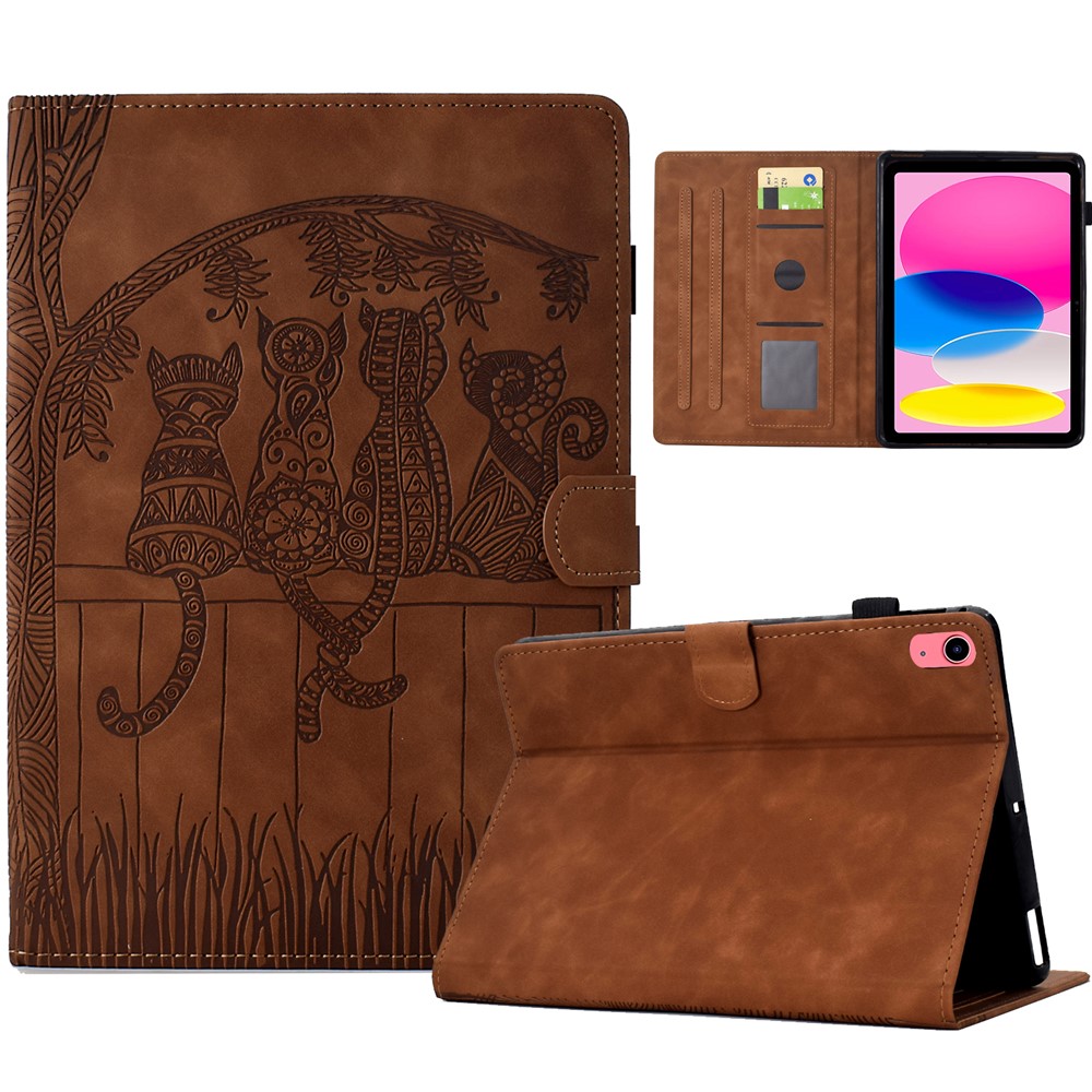 For iPad (2025) / 10.9 (2022) Case Cats Imprinted PU Leather Card Slots Tablet Cover - Brown