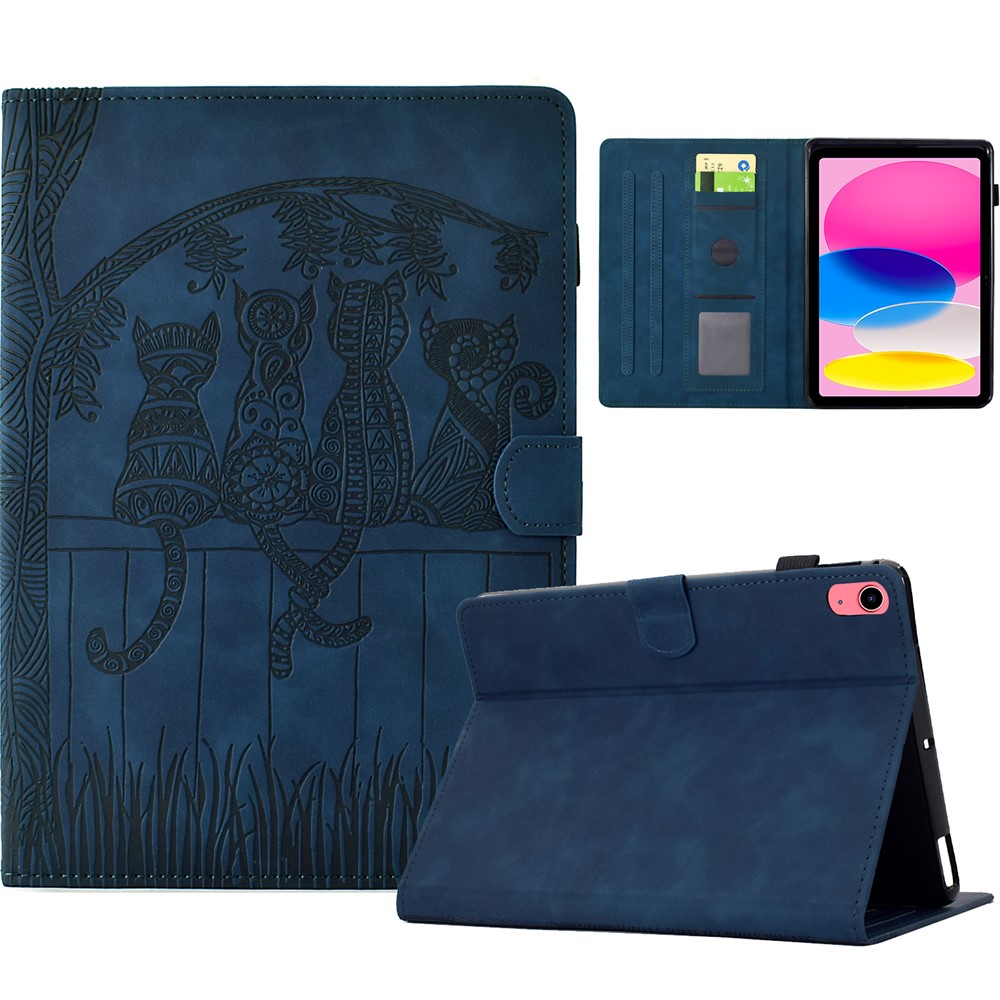 For iPad (2025) / 10.9 (2022) Case Cats Imprinted PU Leather Card Slots Tablet Cover - Dark Blue