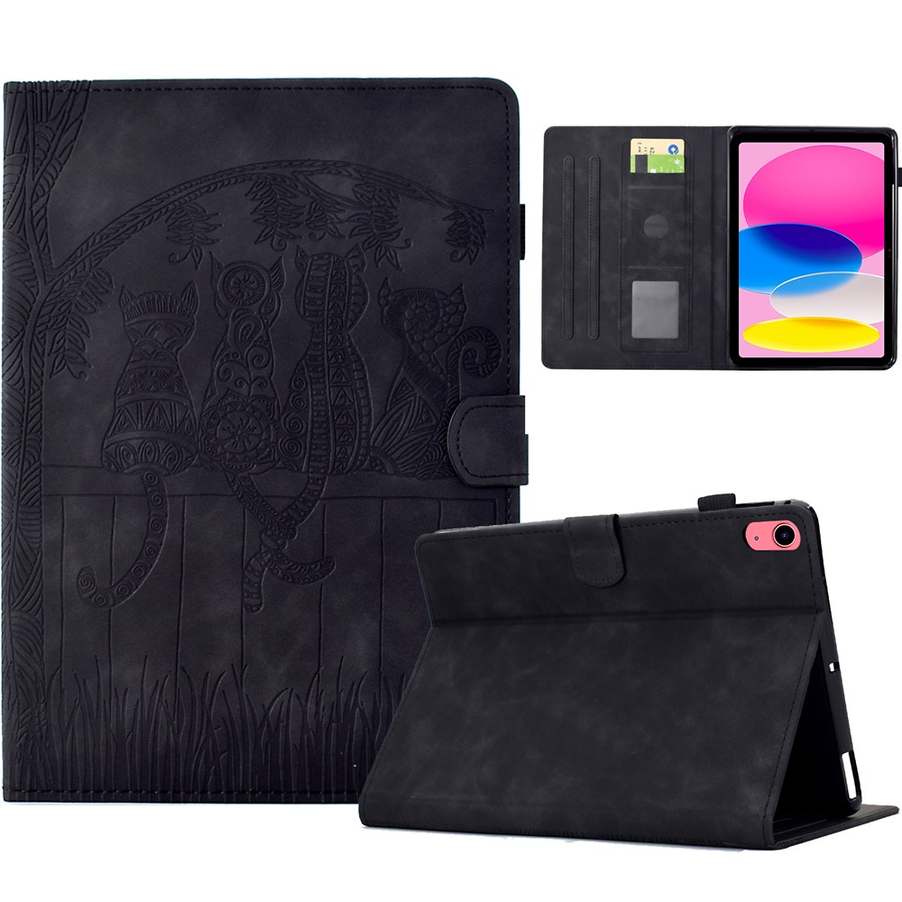For iPad (2025) / 10.9 (2022) Case Cats Imprinted PU Leather Card Slots Tablet Cover - Black
