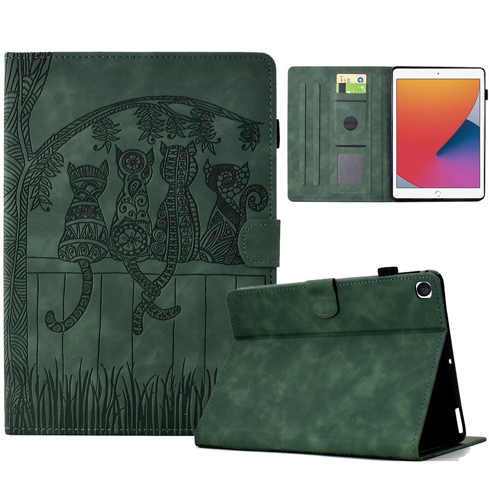 For iPad 10.2 (2020) / (2019) Case Cats Imprinted PU Leather Card Slots Tablet Cover - Green