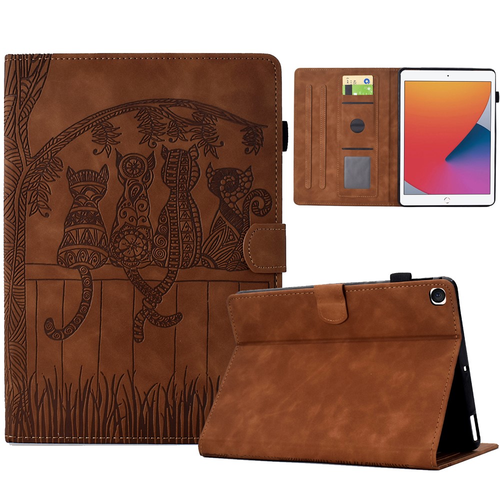 For iPad 10.2 (2020) / (2019) Case Cats Imprinted PU Leather Card Slots Tablet Cover - Brown