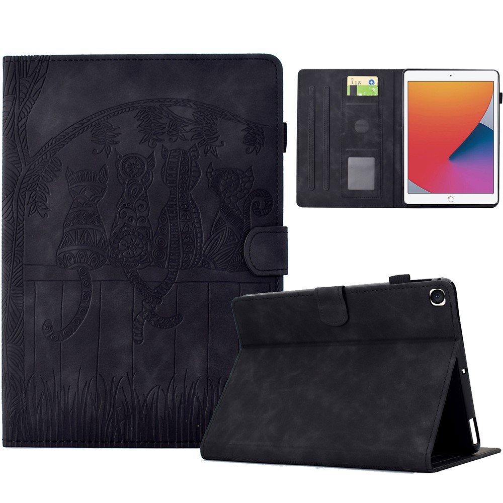 For iPad 10.2 (2020) / (2019) Case Cats Imprinted PU Leather Card Slots Tablet Cover - Black