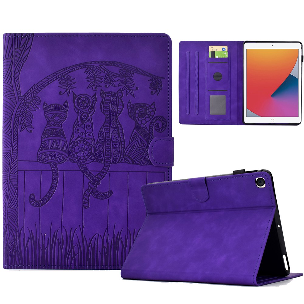 For iPad 10.2 (2020) / (2019) Case Cats Imprinted PU Leather Card Slots Tablet Cover - Purple
