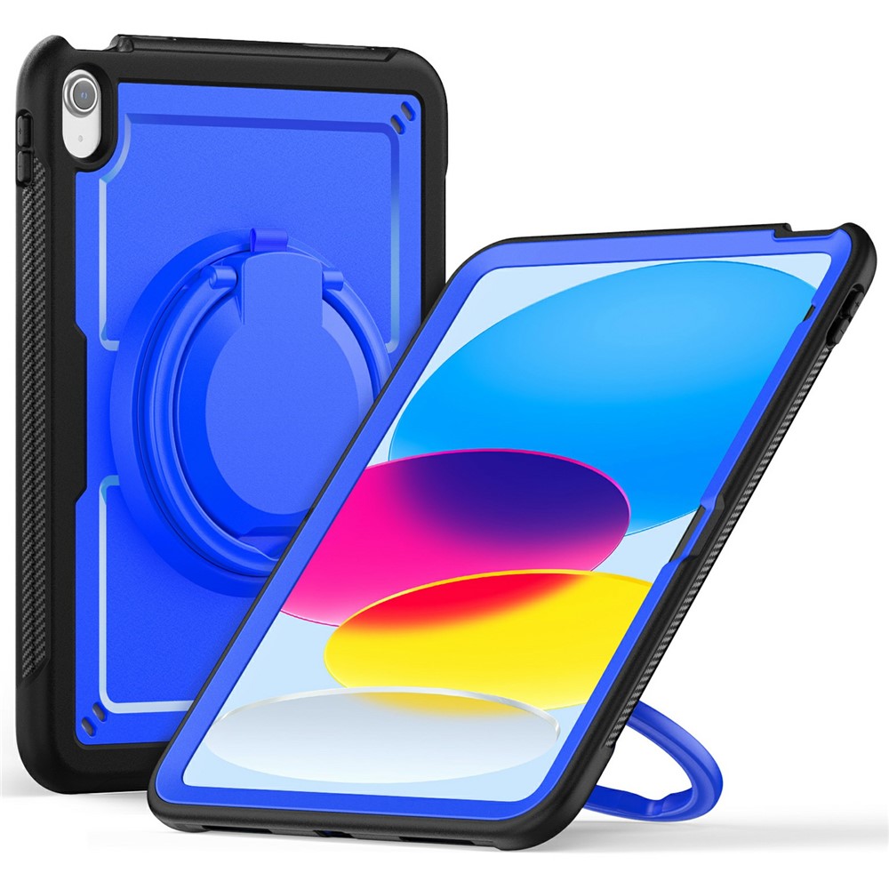 For iPad (2025) / 10.9 (2022) Case PC+TPU Kickstand Tablet Cover with Pencil Holder, Shoulder Strap - Dark Blue