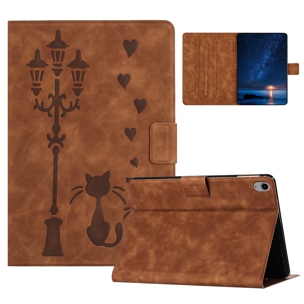 For iPad (2025) / 10.9 (2022) Case Couple Cat Imprinted Microfiber Leather Smart Tablet Cover - Brown