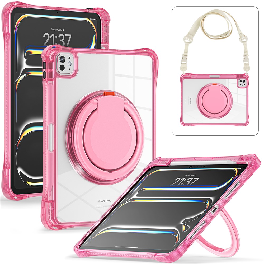 For iPad Pro 11 (2025) / 11 (2024) Case with Shoulder Strap Rotary Kickstand PC+TPU+Acrylic Tablet Cover - Rose