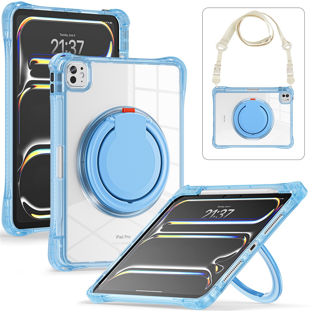 For iPad Pro 11 (2025) / 11 (2024) Case with Shoulder Strap Rotary Kickstand PC+TPU+Acrylic Tablet Cover - Baby Blue