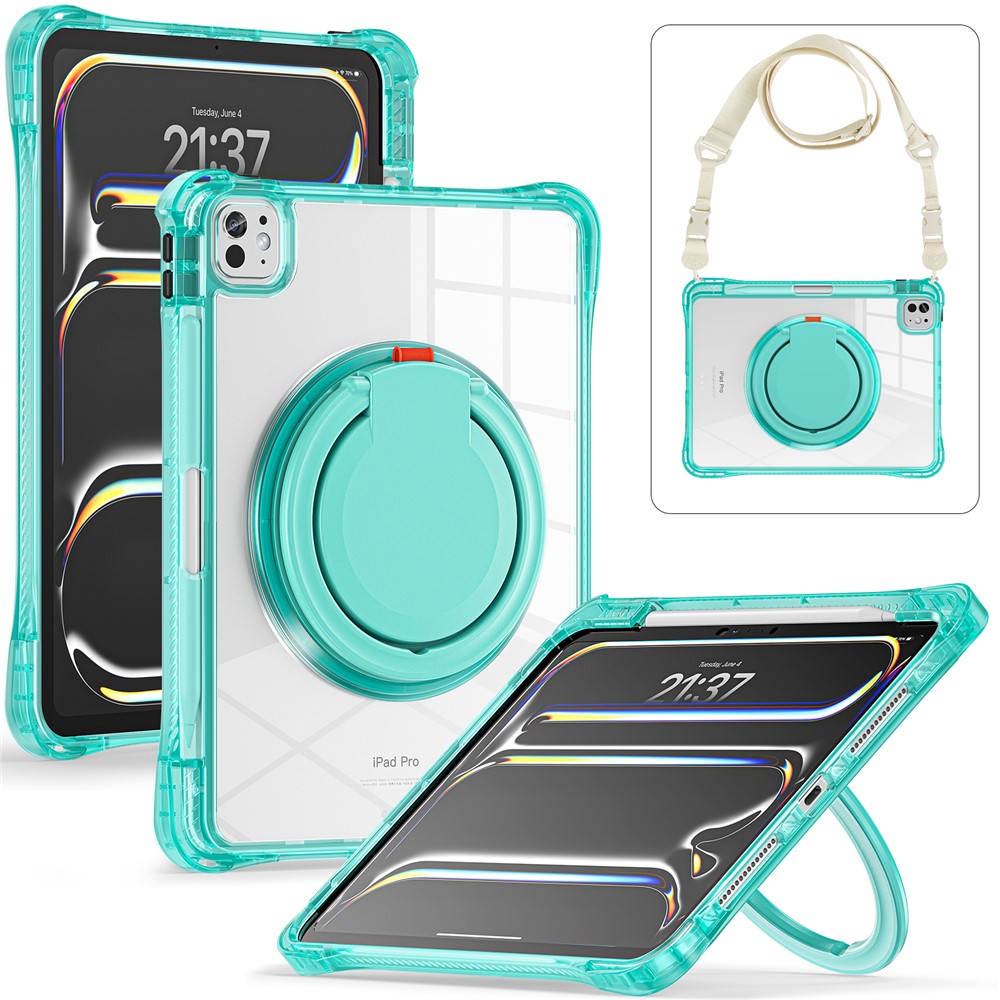 For iPad Pro 11 (2025) / 11 (2024) Case with Shoulder Strap Rotary Kickstand PC+TPU+Acrylic Tablet Cover - Light Green