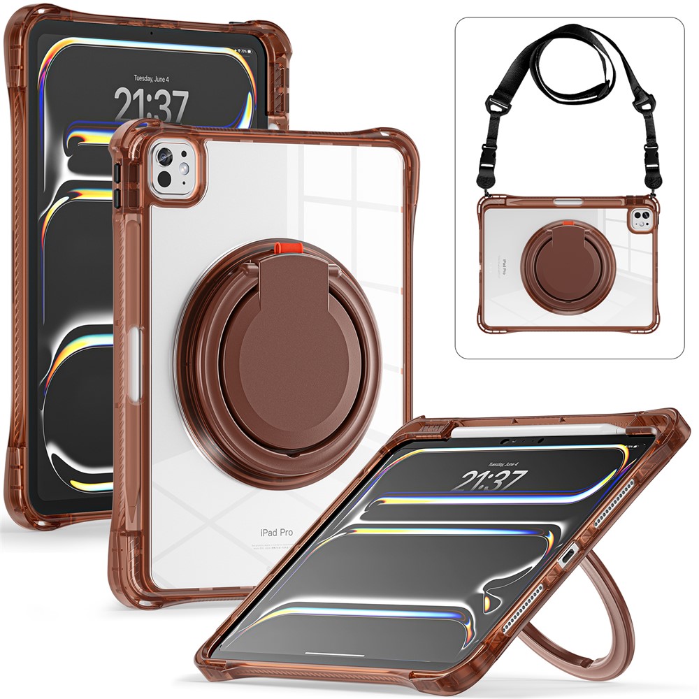 For iPad Pro 11 (2025) / 11 (2024) Case with Shoulder Strap Rotary Kickstand PC+TPU+Acrylic Tablet Cover - Chocolate Color