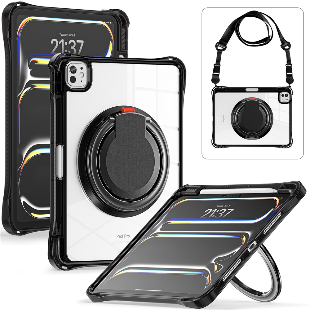 For iPad Pro 11 (2025) / 11 (2024) Case with Shoulder Strap Rotary Kickstand PC+TPU+Acrylic Tablet Cover - Black
