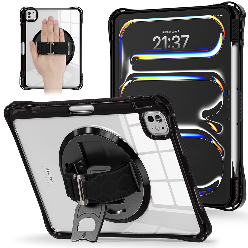 For iPad Pro 11 (2025) / 11 (2024) Case Hand Strap Kickstand PC+TPU+Acrylic Clear Tablet Cover - Black