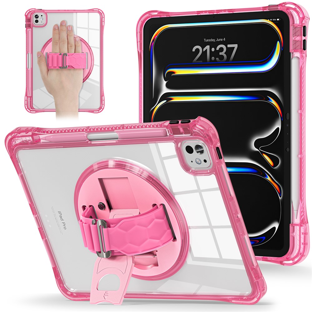 For iPad Pro 11 (2025) / 11 (2024) Case Hand Strap Kickstand PC+TPU+Acrylic Clear Tablet Cover - Rose