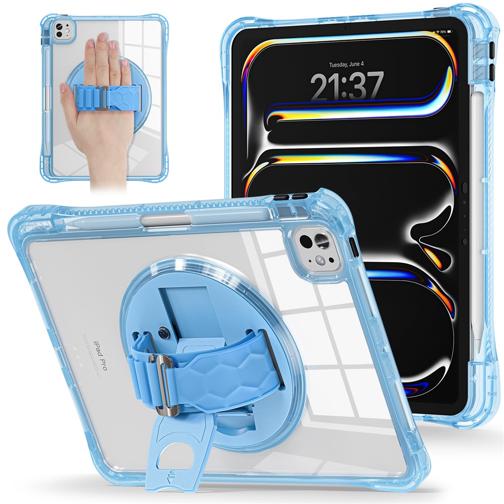 For iPad Pro 11 (2025) / 11 (2024) Case Hand Strap Kickstand PC+TPU+Acrylic Clear Tablet Cover - Baby Blue