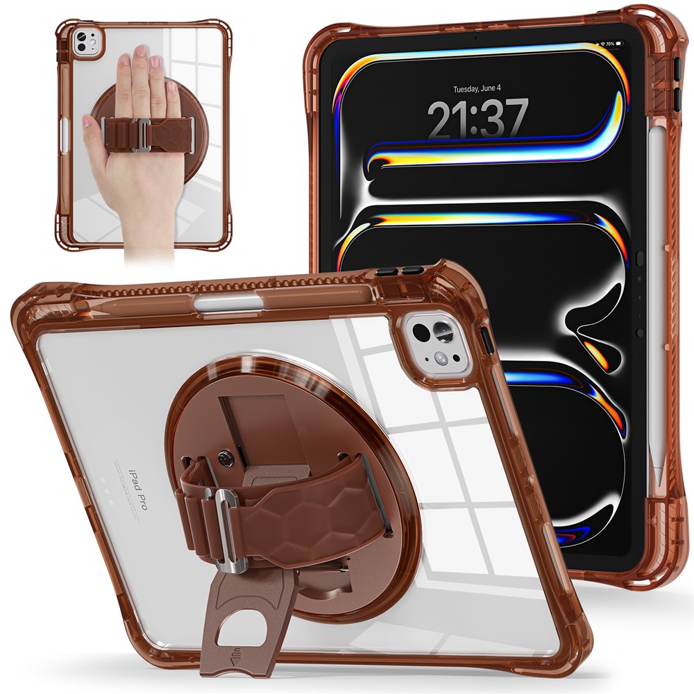 For iPad Pro 11 (2025) / 11 (2024) Case Hand Strap Kickstand PC+TPU+Acrylic Clear Tablet Cover - Chocolate Color