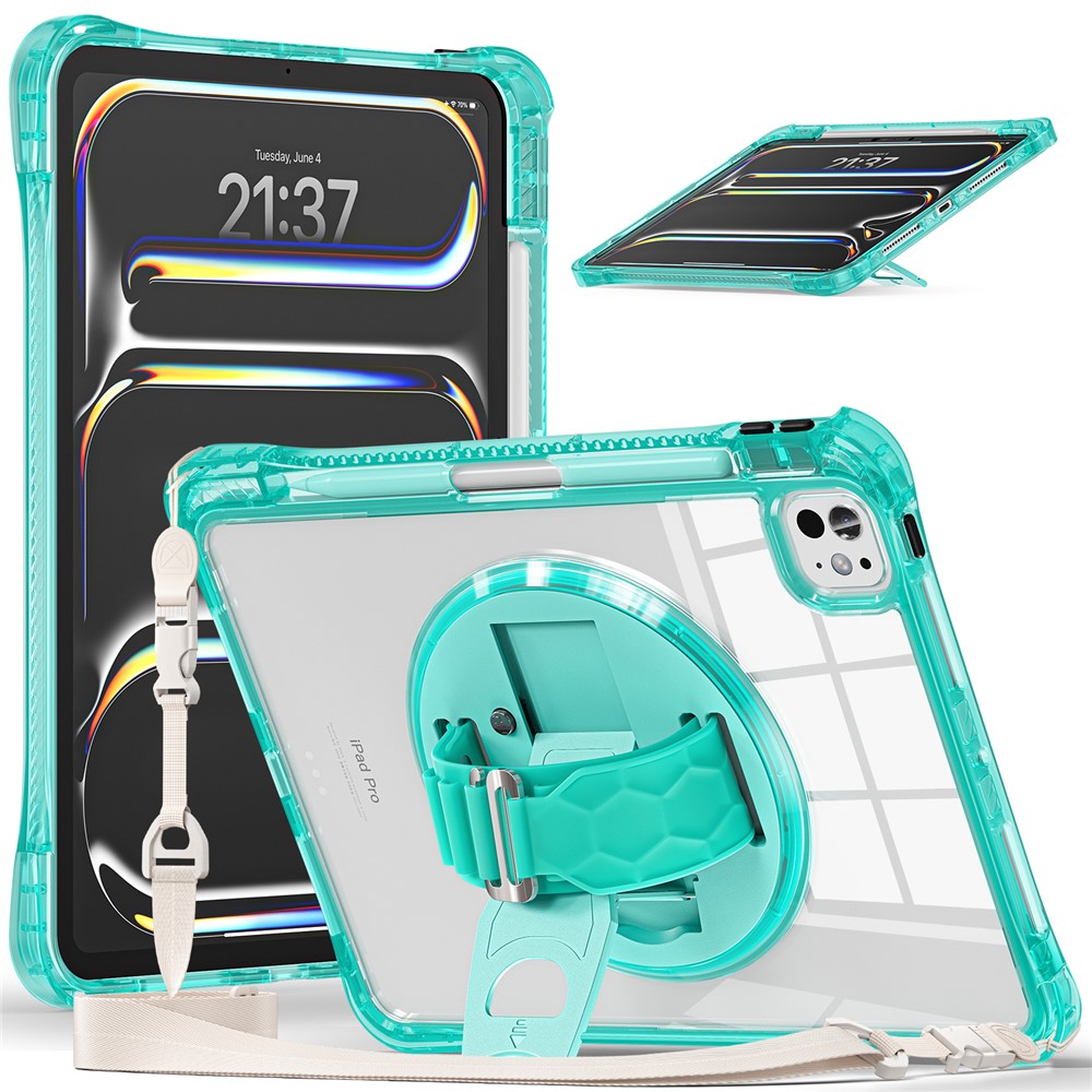 For iPad Pro 11 (2025) / 11 (2024) Kickstand Case Hand Strap PC+TPU+Acrylic Cover with Shoulder Strap - Light Green