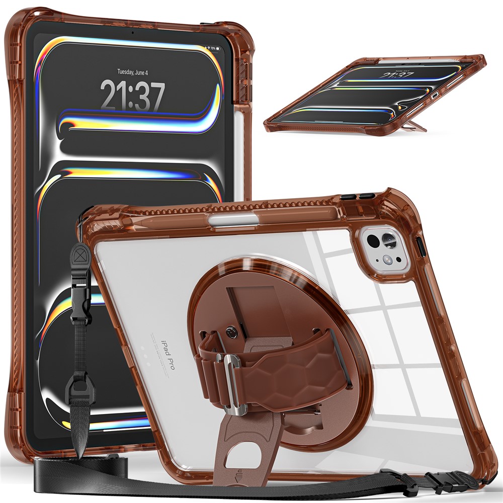 For iPad Pro 11 (2025) / 11 (2024) Kickstand Case Hand Strap PC+TPU+Acrylic Cover with Shoulder Strap - Chocolate Color