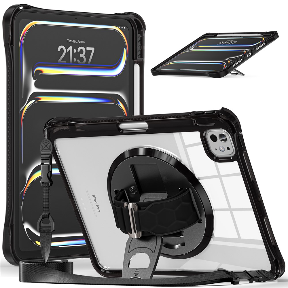 For iPad Pro 11 (2025) / 11 (2024) Kickstand Case Hand Strap PC+TPU+Acrylic Cover with Shoulder Strap - Black