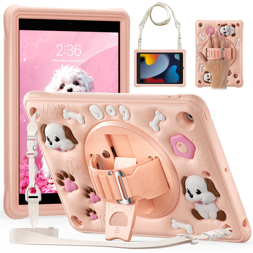For iPad 10.2 (2021) / (2020) / (2019) Case with Shoulder Strap Kickstand Cute Dog PC+Silicone+TPU Tablet Cover