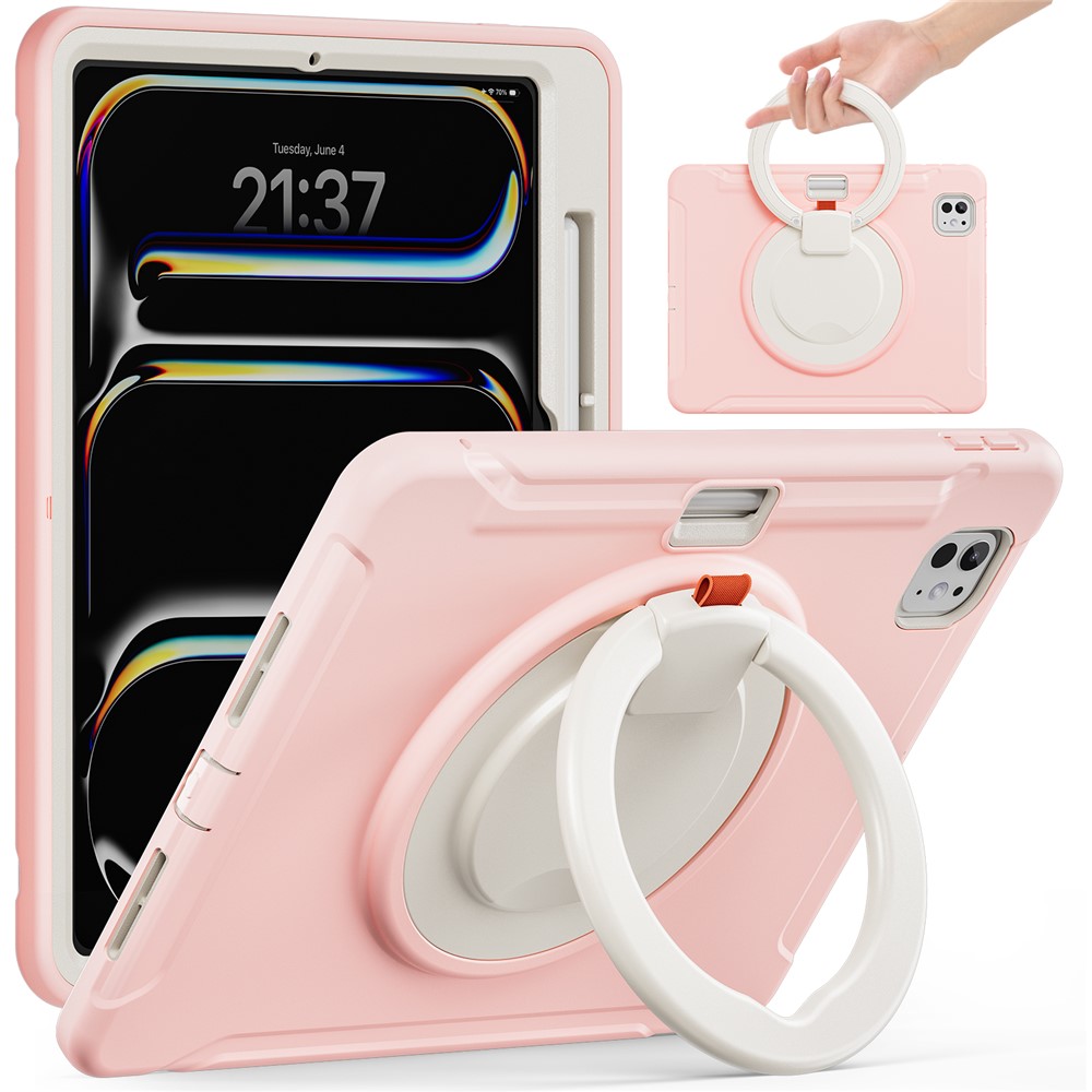 For iPad Pro 11 (2025) / 11 (2024) Case Hand Grip Kickstand PC+TPU Cover with Pen Slot - Cherry Blossoms Pink