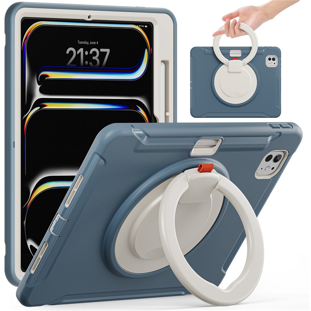 For iPad Pro 11 (2025) / 11 (2024) Case Hand Grip Kickstand PC+TPU Cover with Pen Slot - Cornflower Blue