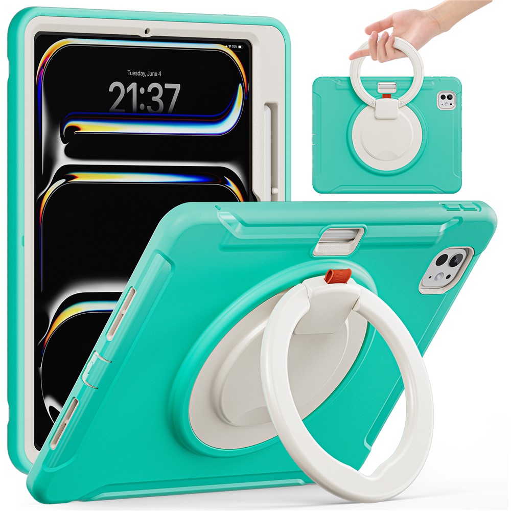 For iPad Pro 11 (2025) / 11 (2024) Case Hand Grip Kickstand PC+TPU Cover with Pen Slot - Mint Green