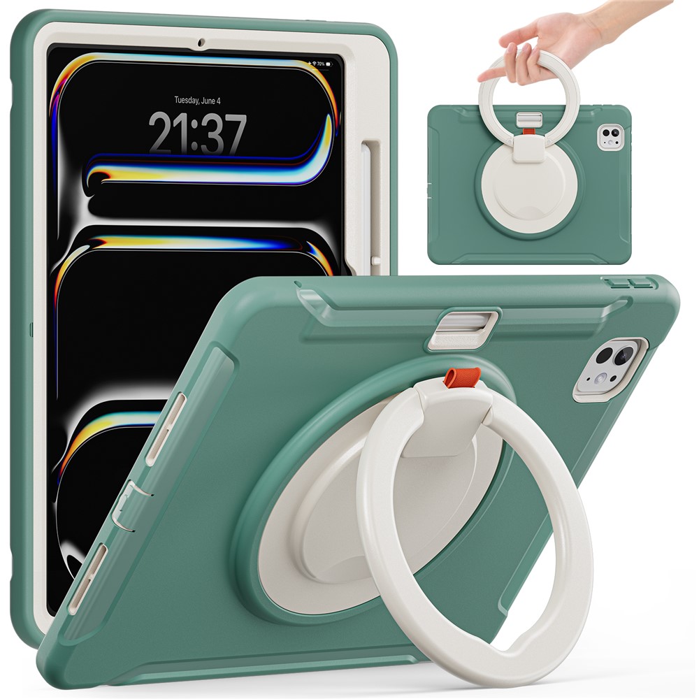 For iPad Pro 11 (2025) / 11 (2024) Case Hand Grip Kickstand PC+TPU Cover with Pen Slot - Emerald Green