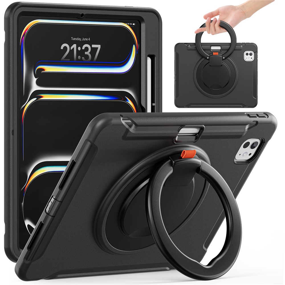 For iPad Pro 11 (2025) / 11 (2024) Case Hand Grip Kickstand PC+TPU Cover with Pen Slot - Black