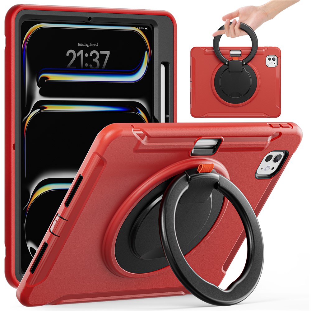 For iPad Pro 11 (2025) / 11 (2024) Case Hand Grip Kickstand PC+TPU Cover with Pen Slot - Red
