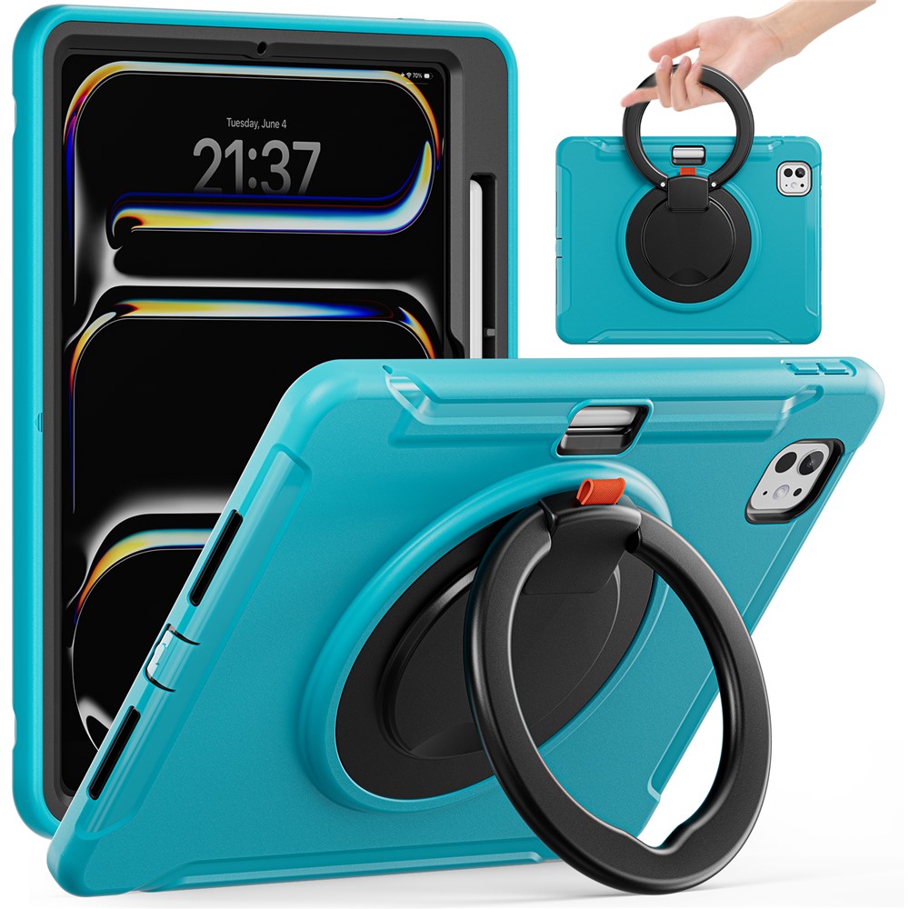 For iPad Pro 11 (2025) / 11 (2024) Case Hand Grip Kickstand PC+TPU Cover with Pen Slot - Blue