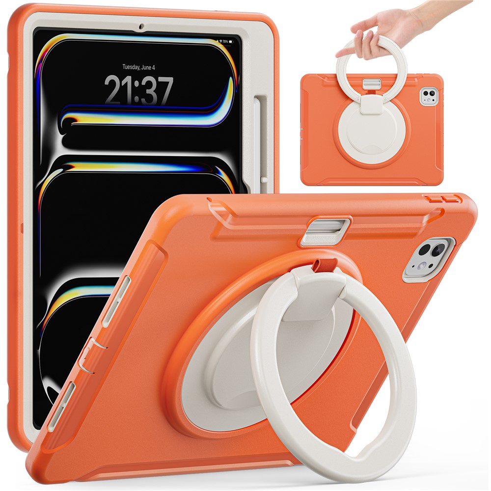 For iPad Pro 11 (2025) / 11 (2024) Case Hand Grip Kickstand PC+TPU Cover with Pen Slot - Coral Orange
