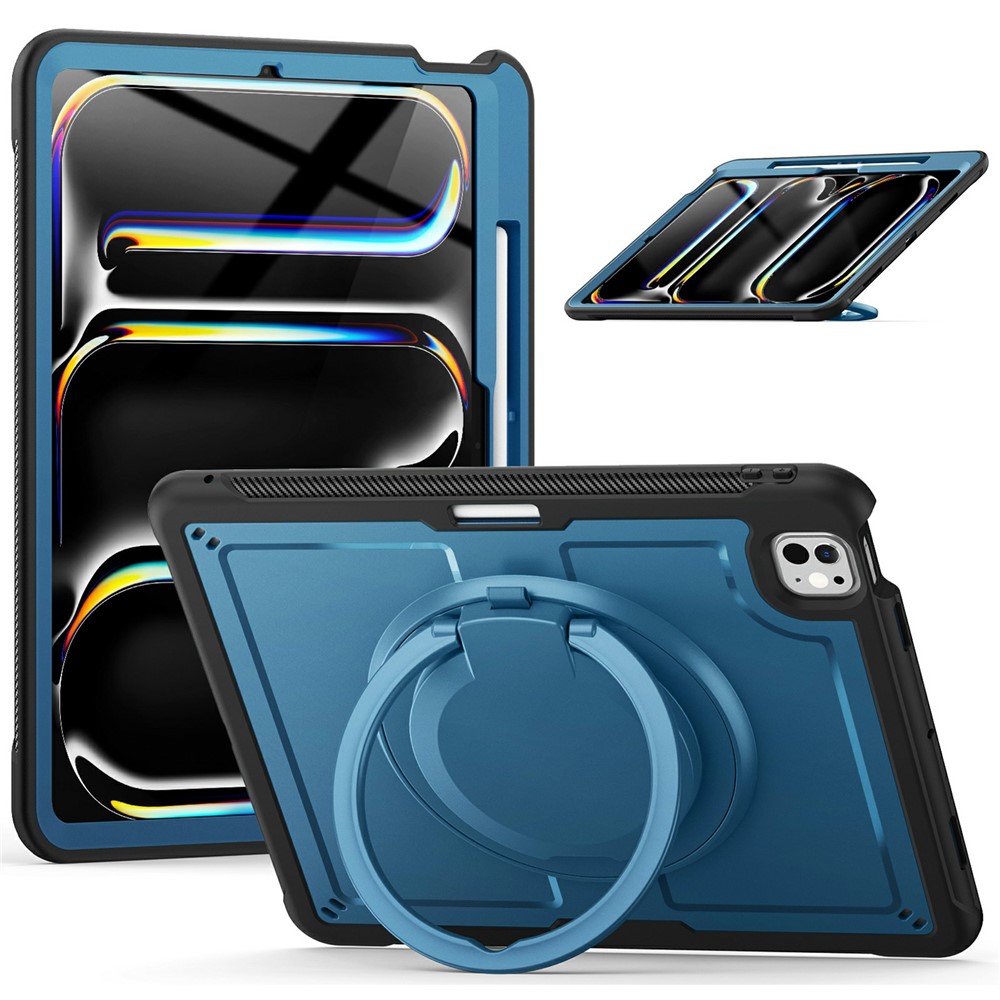 For iPad Pro 13 (2025) / 13 (2024) Case with Pencil Slot Rotating Kickstand PC+TPU Shockproof Tablet Cover - Navy Blue