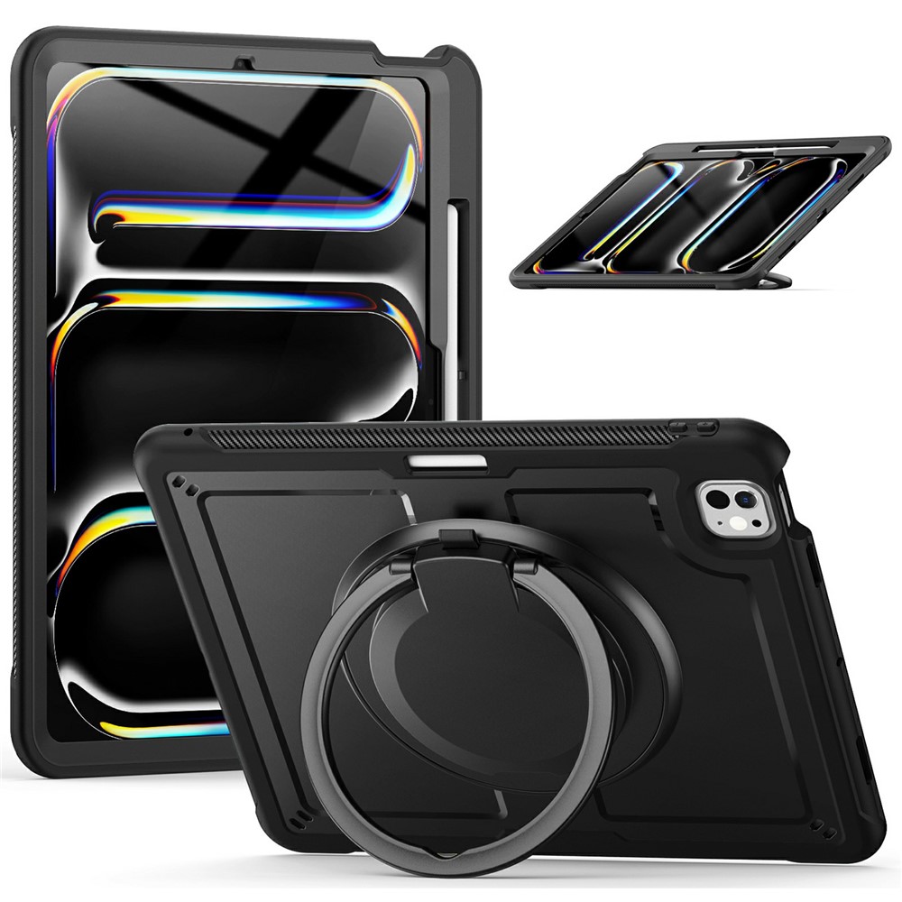 For iPad Pro 13 (2025) / 13 (2024) Case with Pencil Slot Rotating Kickstand PC+TPU Shockproof Tablet Cover - Black