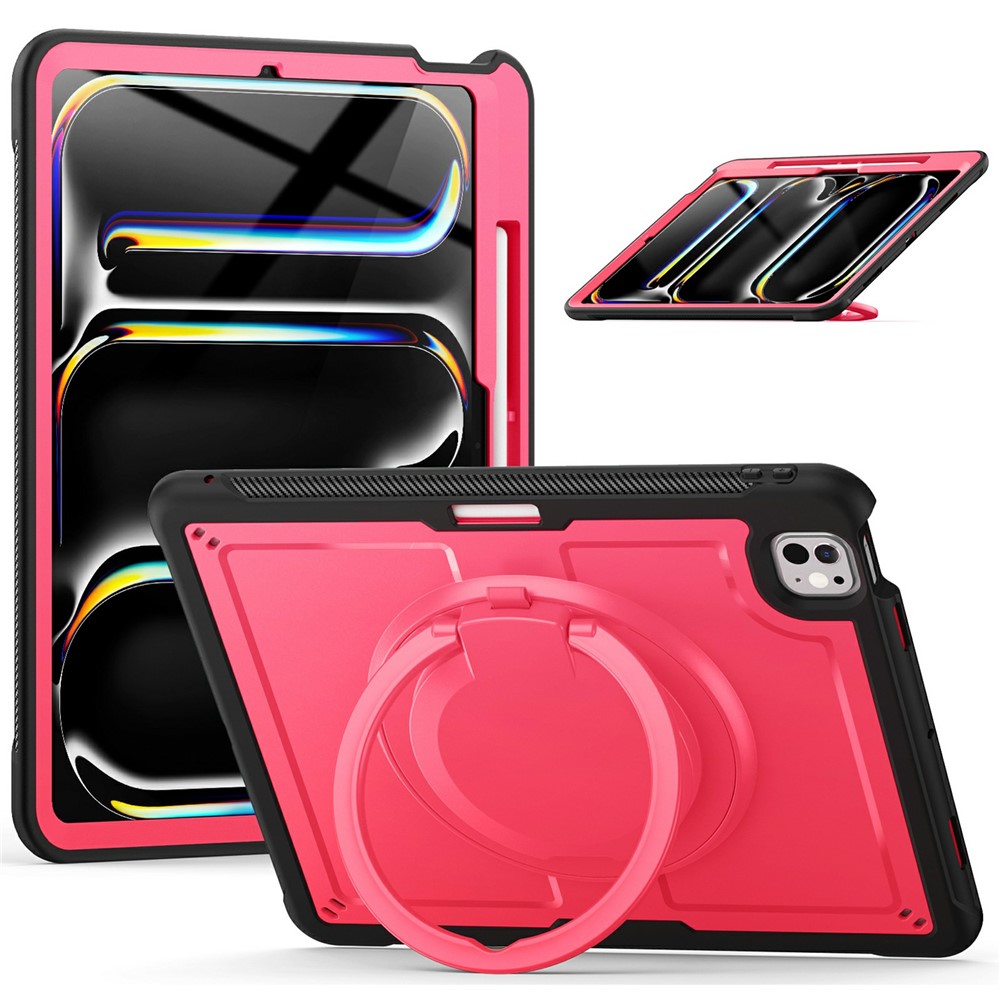 For iPad Pro 13 (2025) / 13 (2024) Case with Pencil Slot Rotating Kickstand PC+TPU Shockproof Tablet Cover - Red