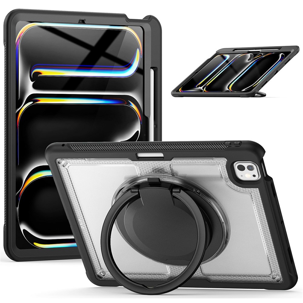 For iPad Pro 13 (2025) / 13 (2024) Case with Pencil Slot Rotating Kickstand PC+TPU Shockproof Tablet Cover - Transparent