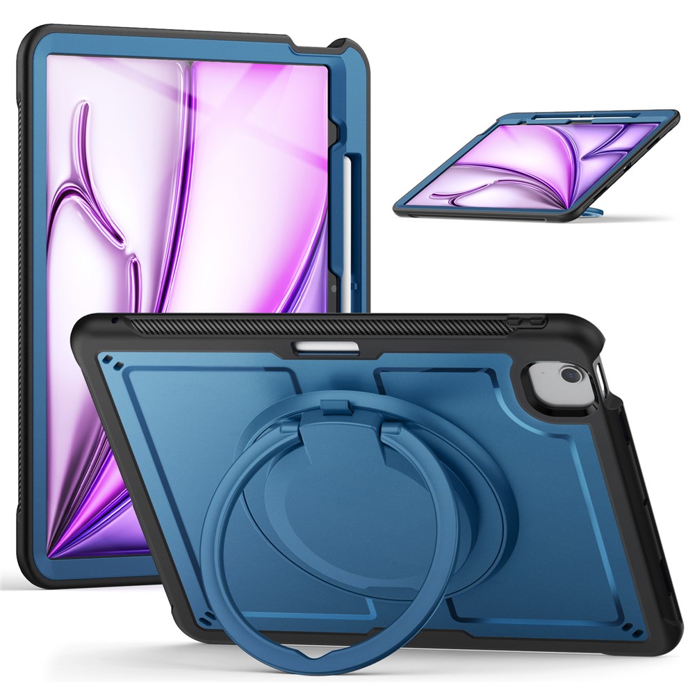For iPad Air 13 (2025) / (2024) Case with Shoulder Strap / Pencil Slot Kickstand PC+TPU Tablet Cover - Navy Blue