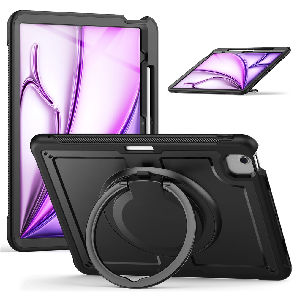 For iPad Air 13 (2025) / (2024) Case with Shoulder Strap / Pencil Slot Kickstand PC+TPU Tablet Cover - Black