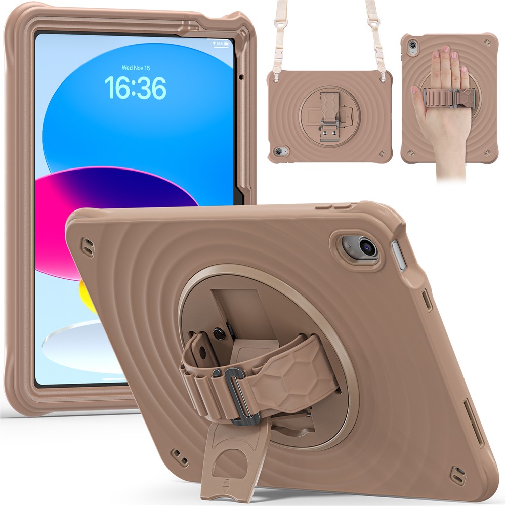 For iPad (2025) / 10.9 (2022) Case Kickstand Hand Strap Tablet Cover with Shoulder Strap - Latte Color