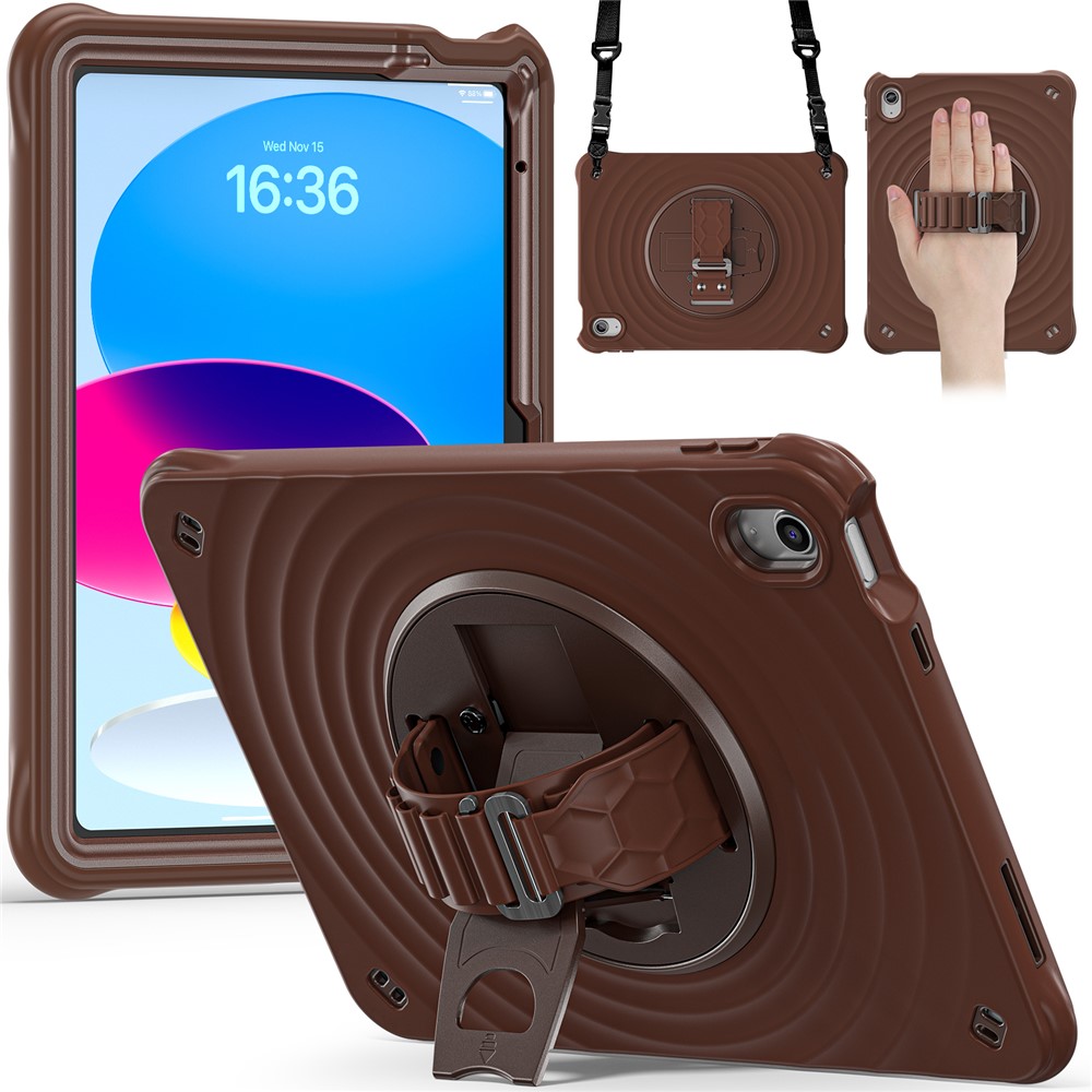For iPad (2025) / 10.9 (2022) Case Kickstand Hand Strap Tablet Cover with Shoulder Strap - Chocolate Color