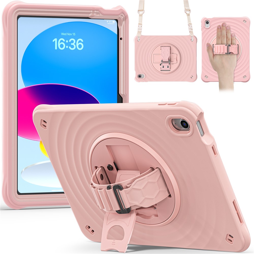 For iPad (2025) / 10.9 (2022) Case Kickstand Hand Strap Tablet Cover with Shoulder Strap - Pink